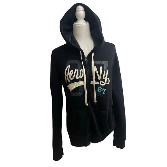 Aeropostale Y2K Hoodie Embroidered  Full Zip  Embroidered Spellout Sz XL Black - Picture 1 of 11